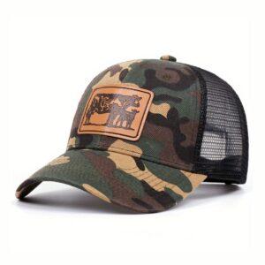 Men's Camouflage Trucker Hat with Black Mesh and Leather Cow Patch