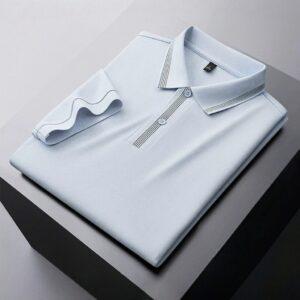Men’s Solid Light Blue Breathable Piqué Polo with a Modern Quarter-Zip Neckline and Striped Sport Collar
