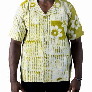 Men’s Traditional Hand-Dyed Olive Green and White Short Sleeve Adire