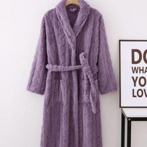 Winter thickened island velvet flannel for male and female couples, extended warm Purple collar + hooded bathrobe and nightgown