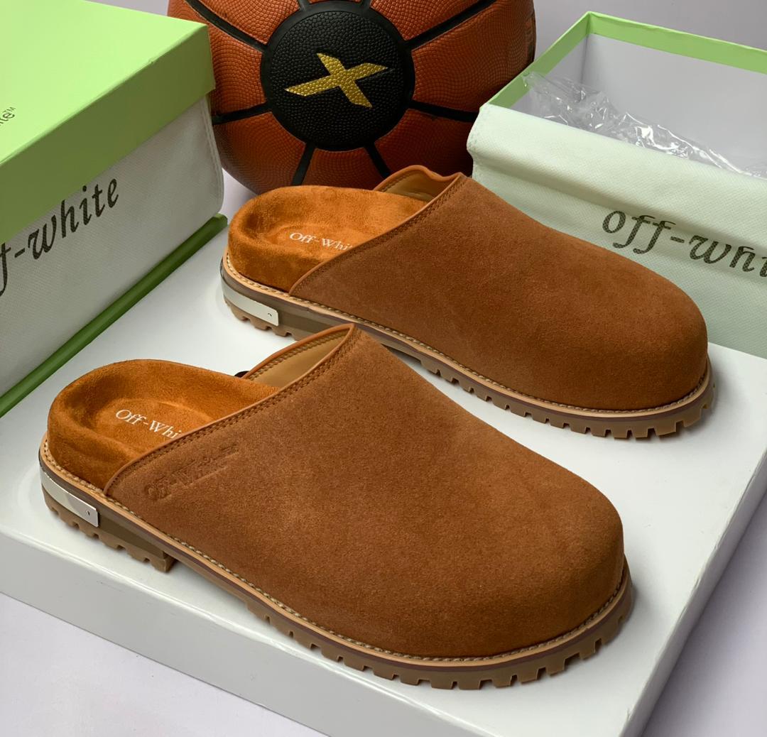 Off-White Metal Logo Suede Round Toe Clogs
